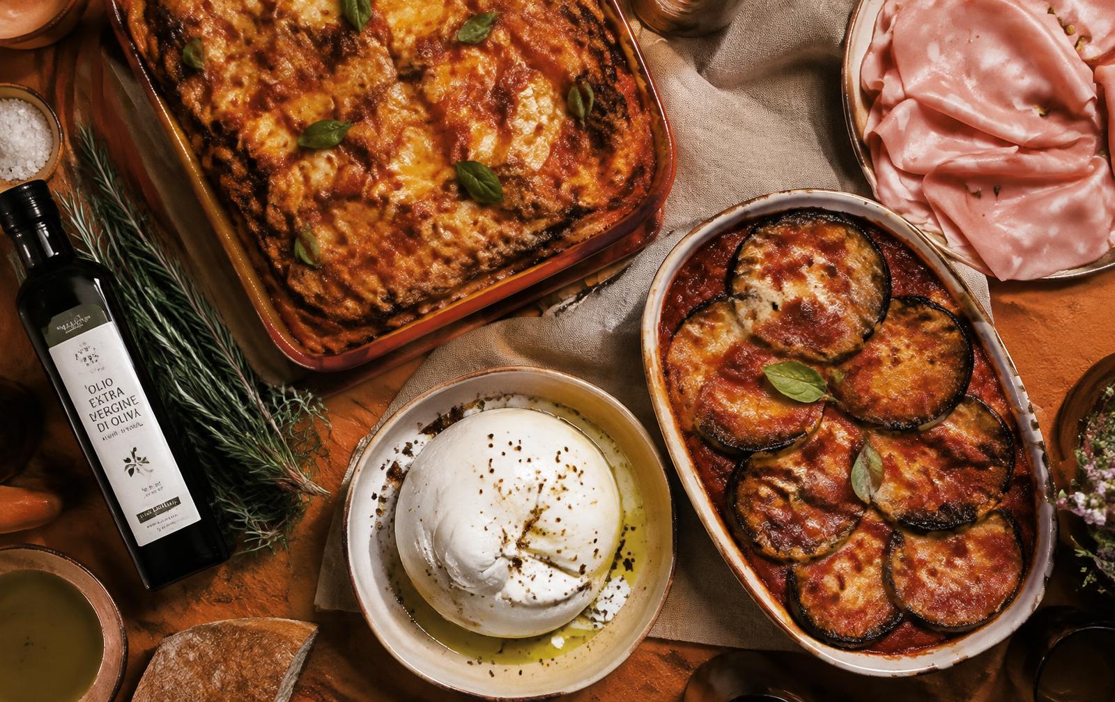 Lasagne, melanzane en burrata